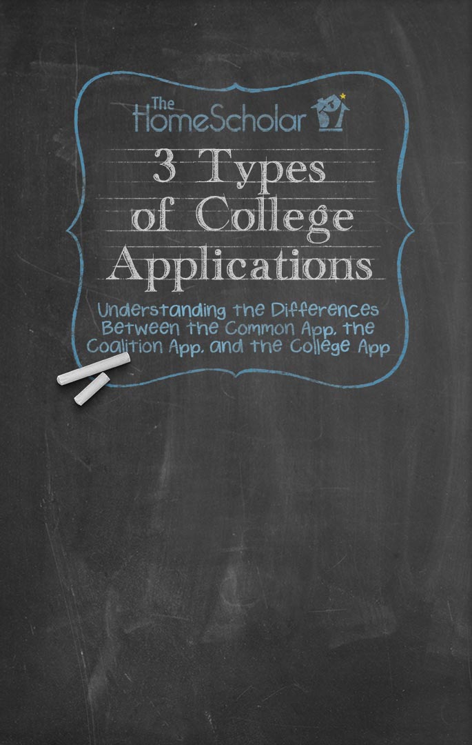 The HomeScholar graphic designed on a chalkboard background. Text reads: '3 Types of College Applications – Understanding the Differences Between the Common App, the Coalition App, and the College App.' Pieces of chalk sit in the corner.