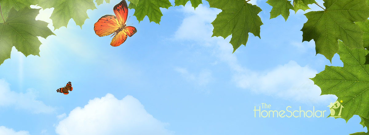 Promotional graphic for The HomeScholar. Text reads: ‘The End of Homeschooling – Homeschool Parents Left Behind.’ Background shows a blue sky with green leaves and orange butterflies.