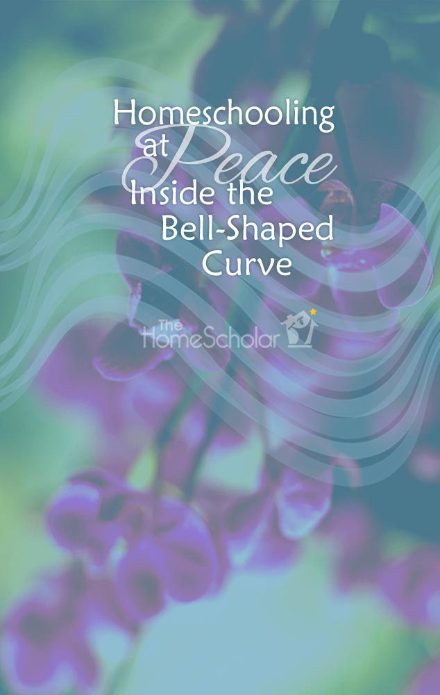 Cover image for The HomeScholar titled 'Homeschooling at Peace Inside the Bell-Shaped Curve,' with a soft purple floral background and wavy translucent lines, featuring The HomeScholar logo at the bottom