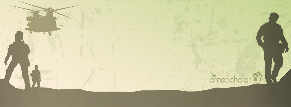 The HomeScholar graphic. The design features silhouettes of soldiers walking across a ridge with a military helicopter flying overhead, set against a green textured background.