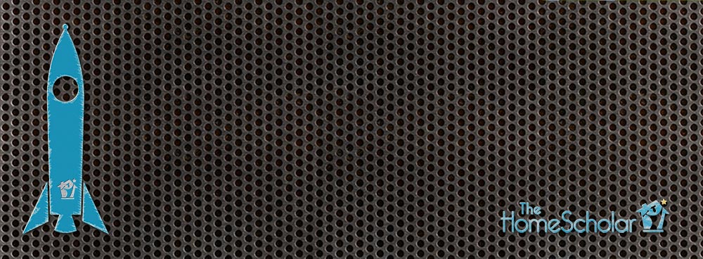 Promotional graphic for The HomeScholar. Background features a dark grid pattern. On the left, a blue rocket icon with The HomeScholar logo.
