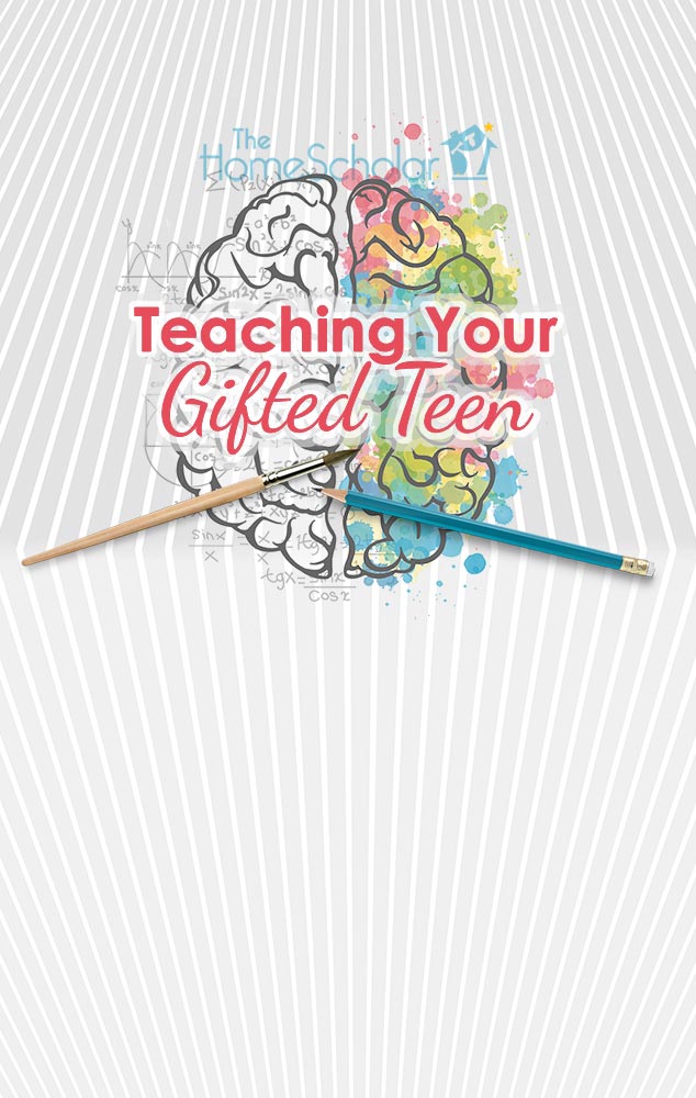 Promotional graphic for The HomeScholar. Text reads: ‘Teaching Your Gifted Teen.’ Background features an illustrated brain, half outlined in black with math formulas and half filled with colorful watercolor splashes. Two pencils cross at the bottom of the design, set against a striped gray background.