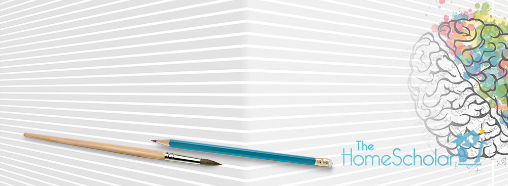 Promotional graphic for The HomeScholar. Background features an illustrated brain, half outlined in black with math formulas and half filled with colorful watercolor splashes. Two pencils cross at the bottom of the design, set against a striped gray background.