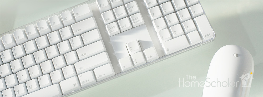White computer keyboard and mouse on a glass desk. Overlaid text reads: ‘TechnoLogic: Setting Logical Boundaries on Technology with Your Teen.’ Below is The HomeScholar logo.