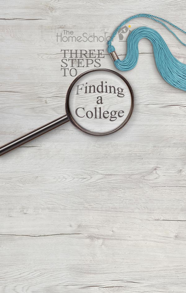 The HomeScholar graphic titled 'Three Steps to Finding a College.' A magnifying glass highlights the words 'Finding a College' on a light wooden background, with a blue graduation tassel placed above the text.