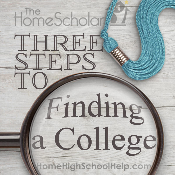 The HomeScholar graphic titled 'Three Steps to Finding a College.' A magnifying glass enlarges the words 'Finding a College' on a wood background with a teal graduation tassel above.